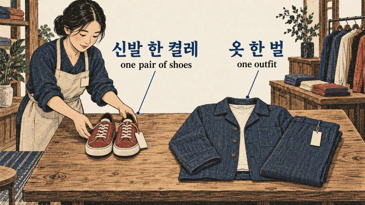 신발 한 켤레 labels one pair of shoes; 옷 한 벌 labels one outfit.