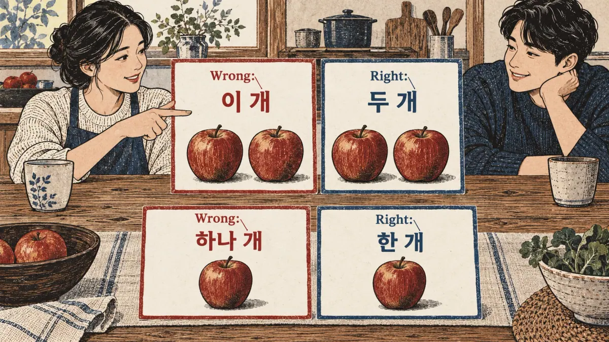 Wrong 이 개 and 하나 개 paired with correct 두 개 and 한 개 beside counted apples.