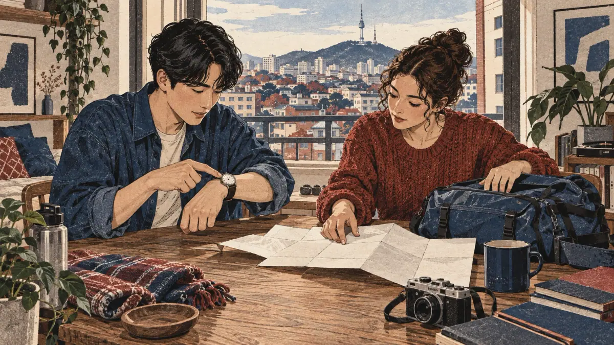 Adult learners plan a train trip with a watch, calendar and travel bag in a Seoul apartment.