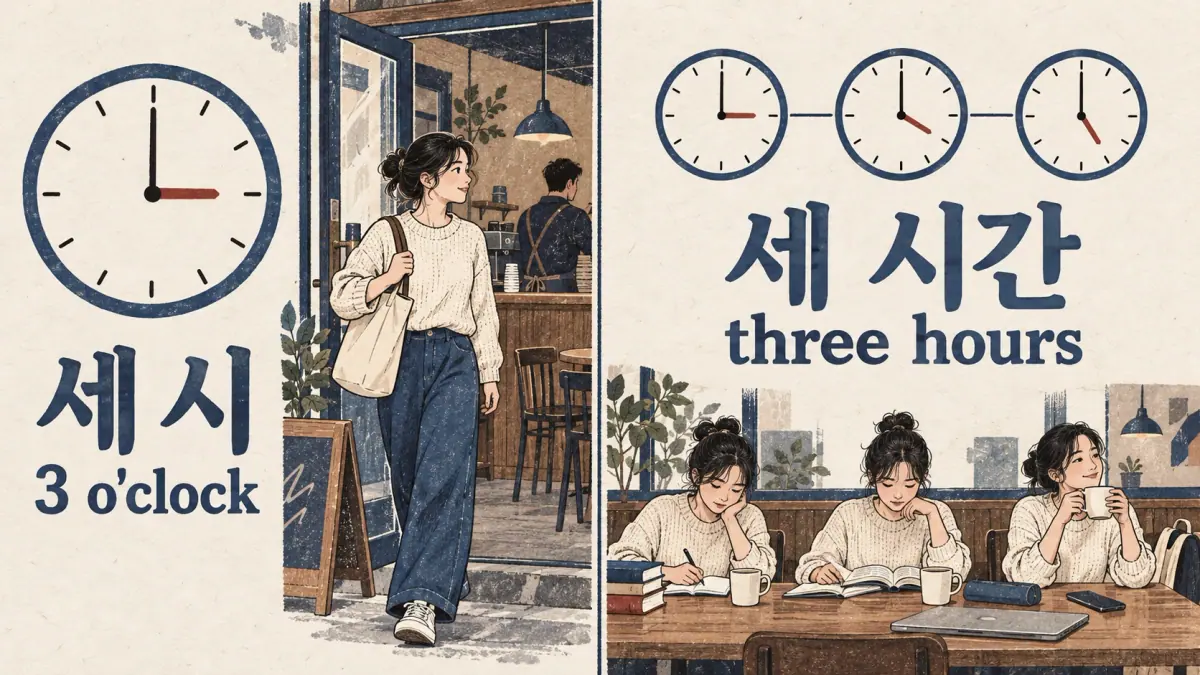A café arrival at 세 시 contrasts with a study duration of 세 시간.