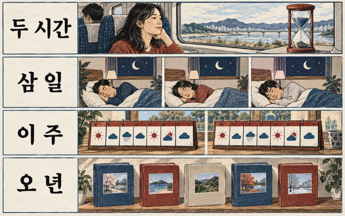 Teaching print showing 두 시간, 삼 일, 이 주, 오 년.