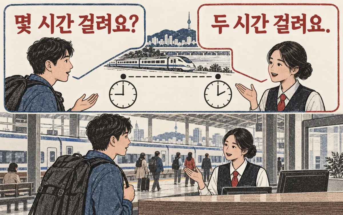Teaching print showing 몇 시간 걸려요?, 두 시간 걸려요..