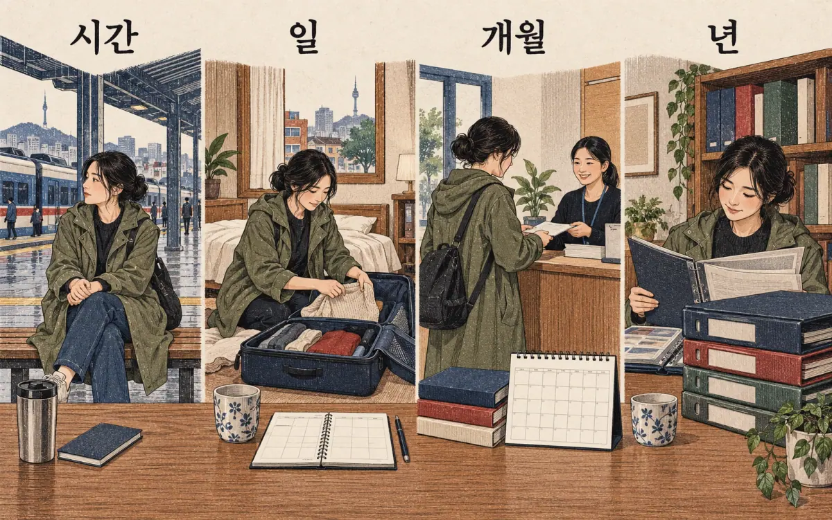 Teaching print showing 시간, 일, 개월, 년.