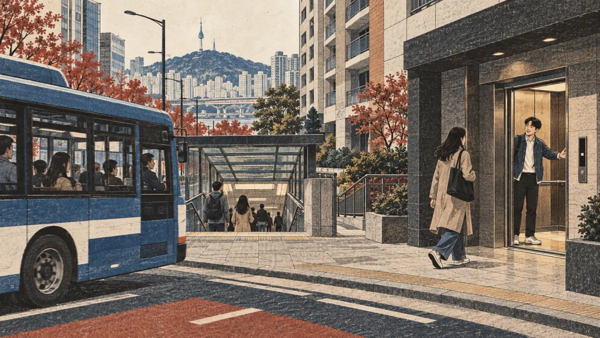 Friends meet at a Seoul apartment elevator beside a subway entrance and passing bus.