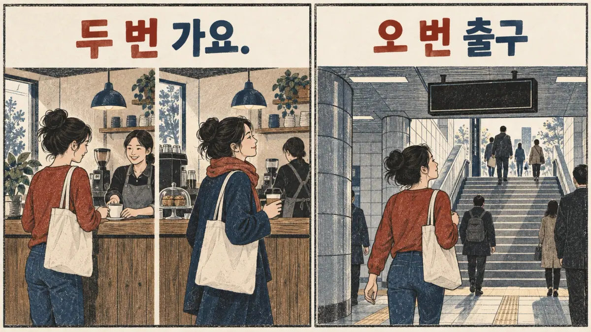Illustrated Korean examples: 두 번 가요., 오 번 출구