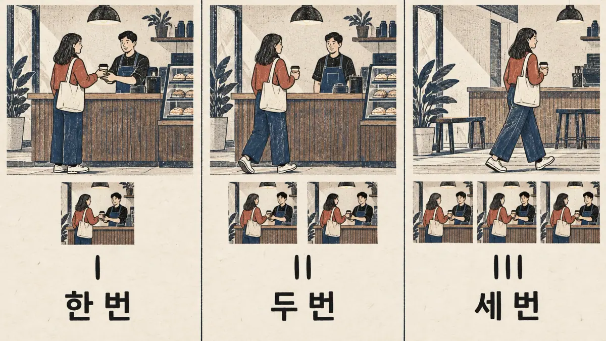 Illustrated Korean examples: 한 번, 두 번, 세 번