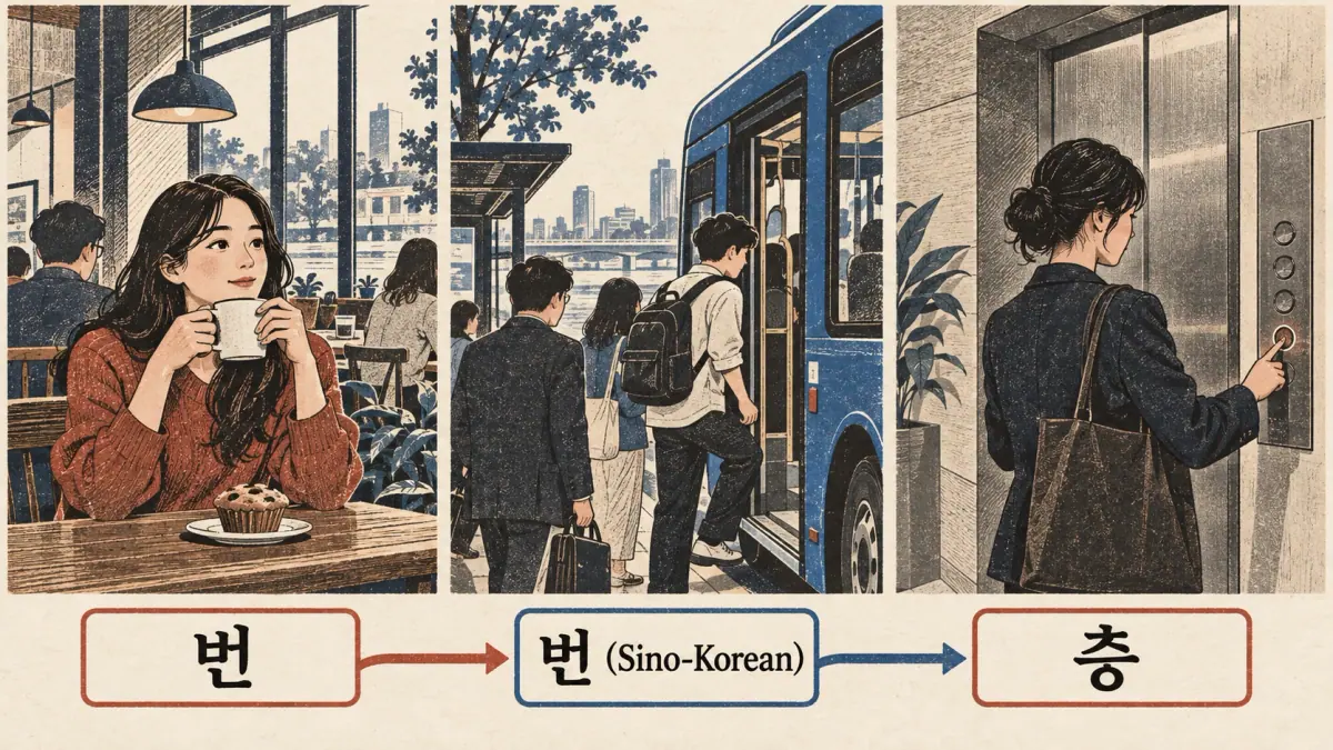 Illustrated Korean examples: 번, 번 (Sino-Korean), 층