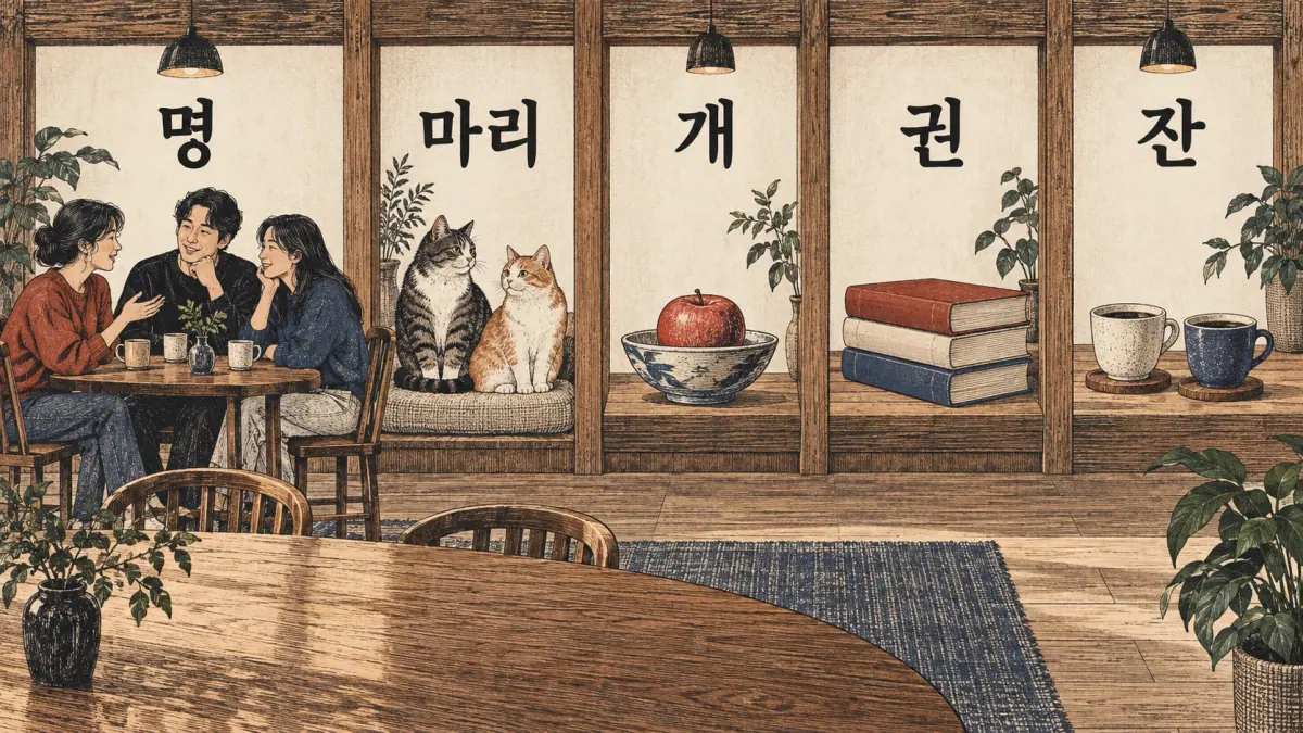 명 people, 마리 cats, 개 apple, 권 books and 잔 coffee cups show how the counted object determines the counter.