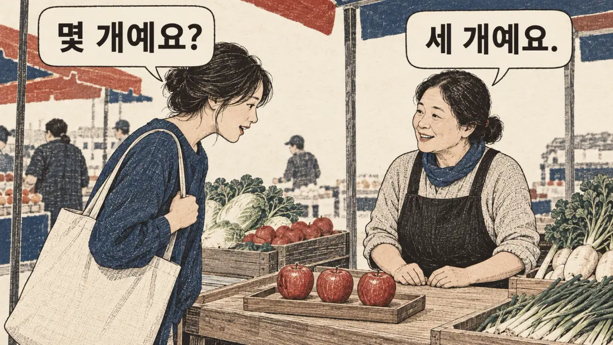 A customer asks 몇 개예요? and the seller answers 세 개예요. beside three apples.