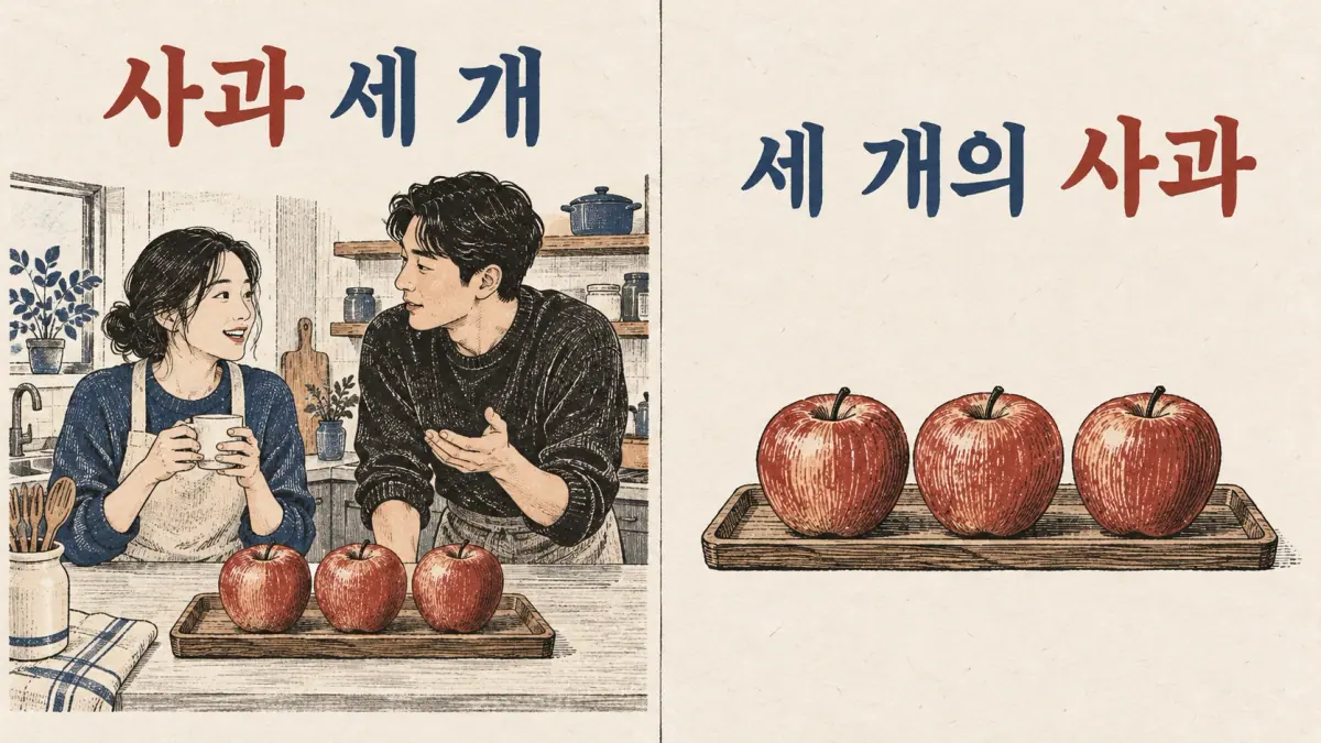 사과 세 개 and 세 개의 사과 both describe three apples, contrasting everyday and formal writing order.