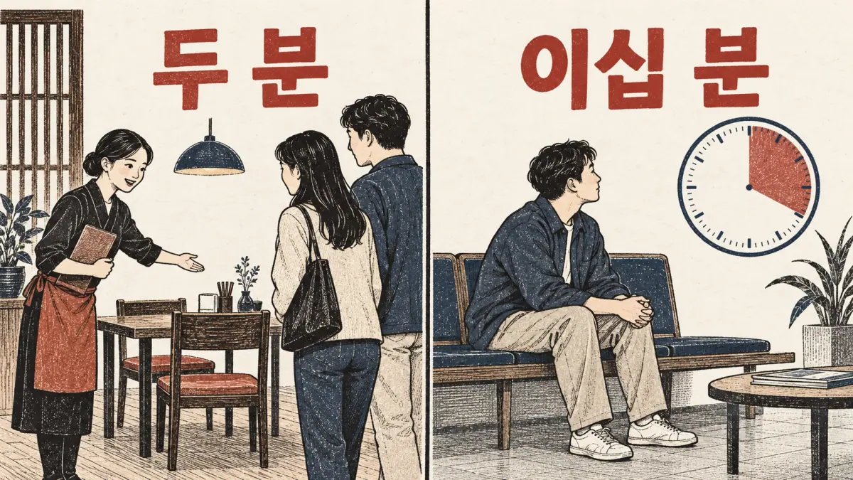 두 분 labels two guests; 이십 분 labels a twenty-minute wait, showing two meanings of 분.