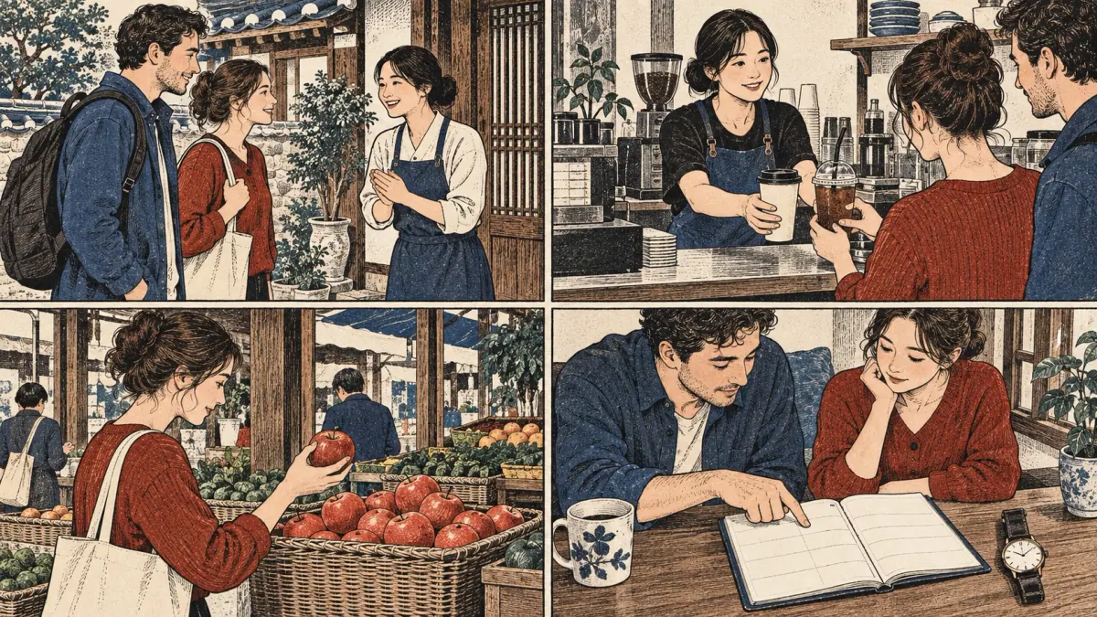 Meeting people, ordering drinks, shopping and planning a day show four situations for learning Korean counters.