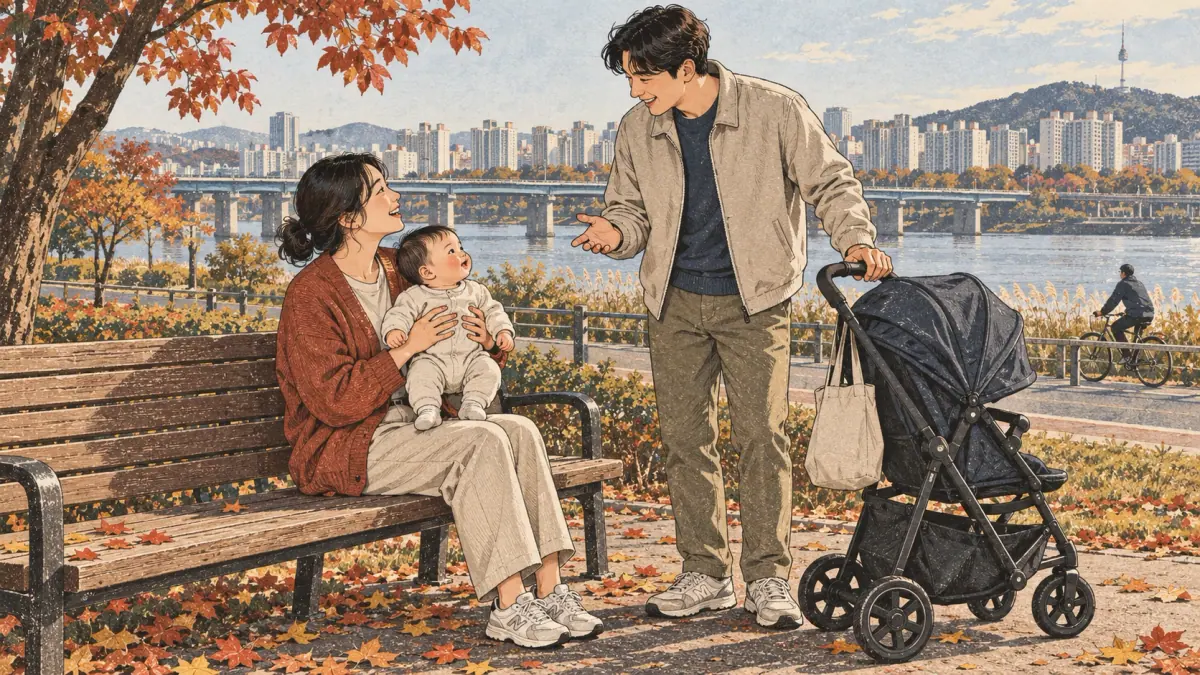 Two parents chat about a baby’s age in months beside a stroller in a Seoul riverside park.