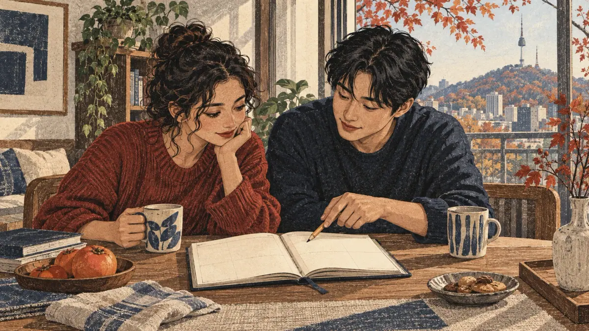 Two adults plan a date with an open paper planner at a Seoul apartment table, with Namsan tower beyond the window.