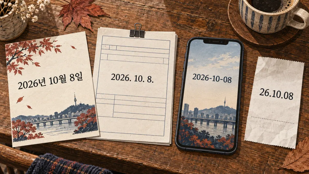 Four ways to write October 8, 2026, including 2026년 10월 8일, on an invitation, form, phone and receipt.