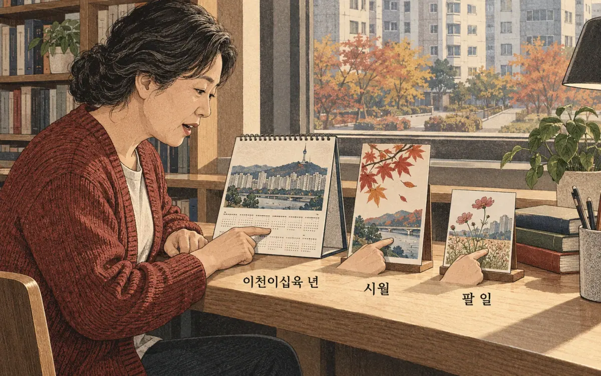 Teaching print showing 이천이십육 년, 시월, 팔 일.