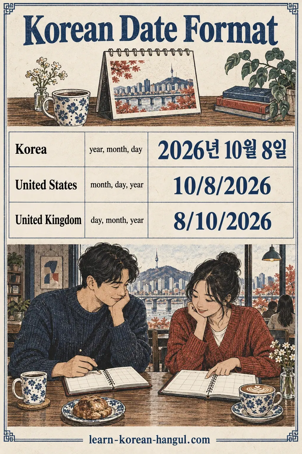 Korean date 2026년 10월 8일 compared with US 10/8/2026 and UK 8/10/2026.