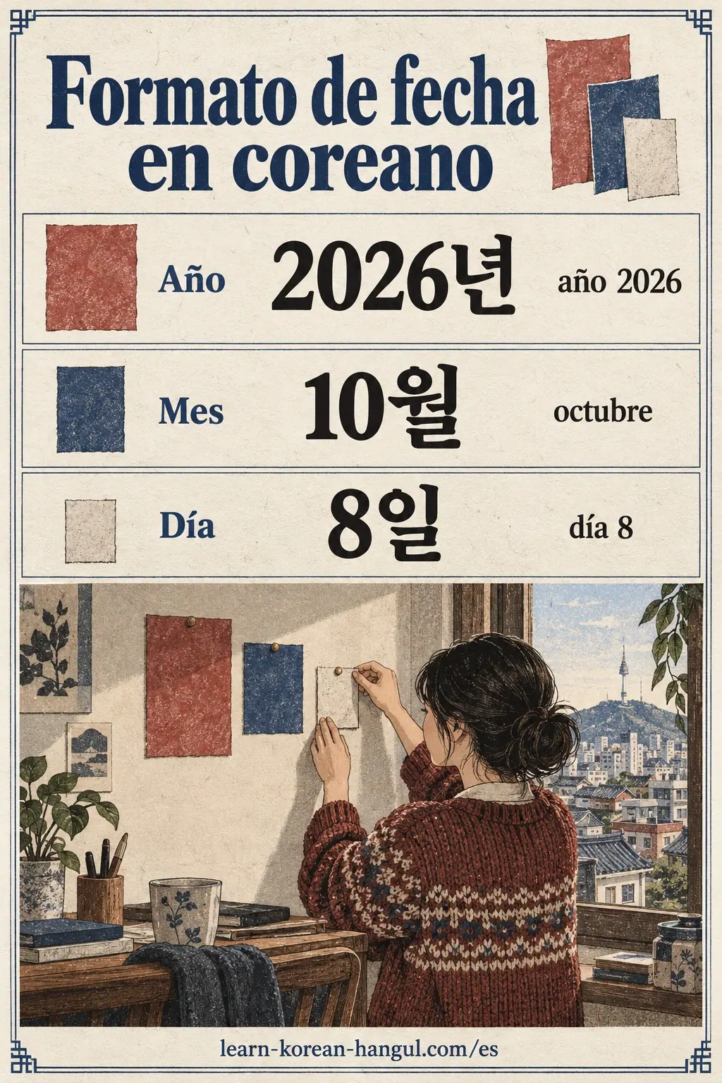 Recuerda el orden de la fecha coreana: Año 2026년, Mes 10월 y Día 8일, de mayor a menor.