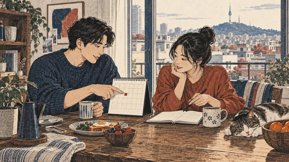 Adult learners discuss daily plans over breakfast beside a blank calendar in a Seoul apartment.