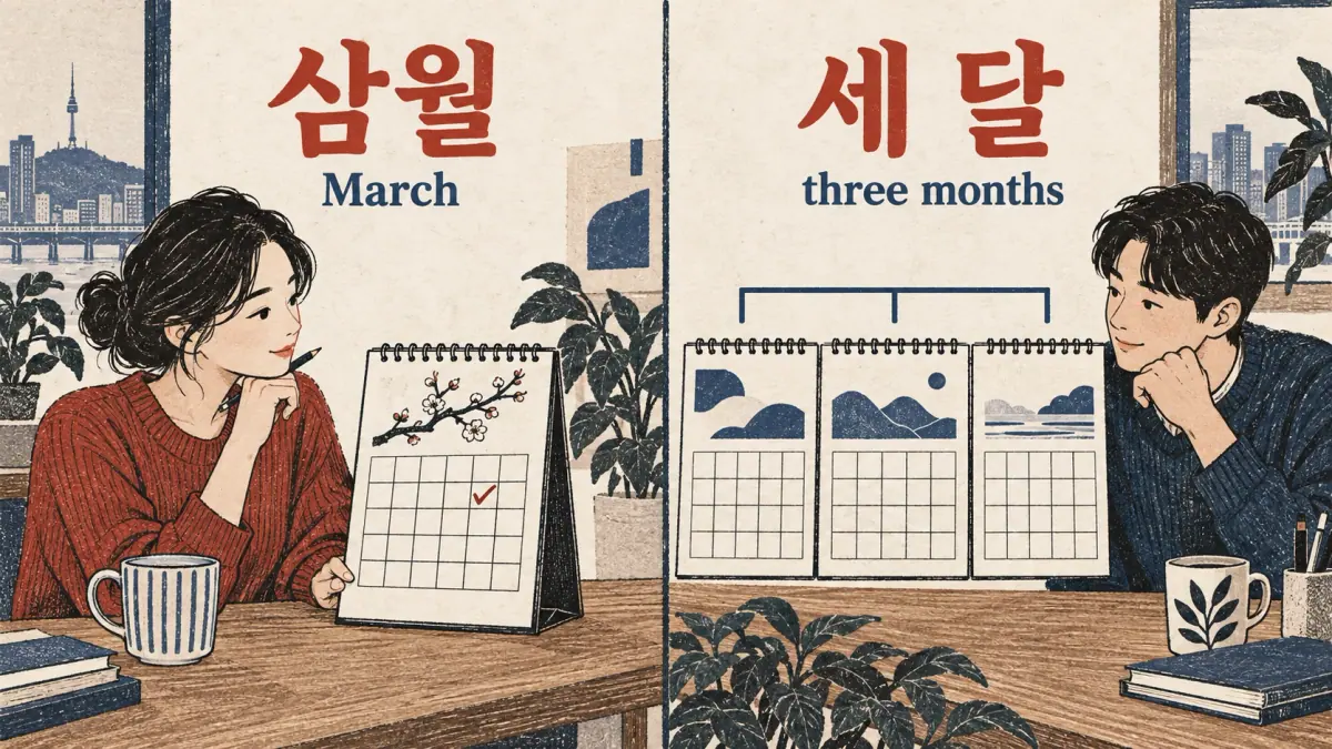 삼월 (March) marks one calendar month; 세 달 (three months) spans three calendar sheets.
