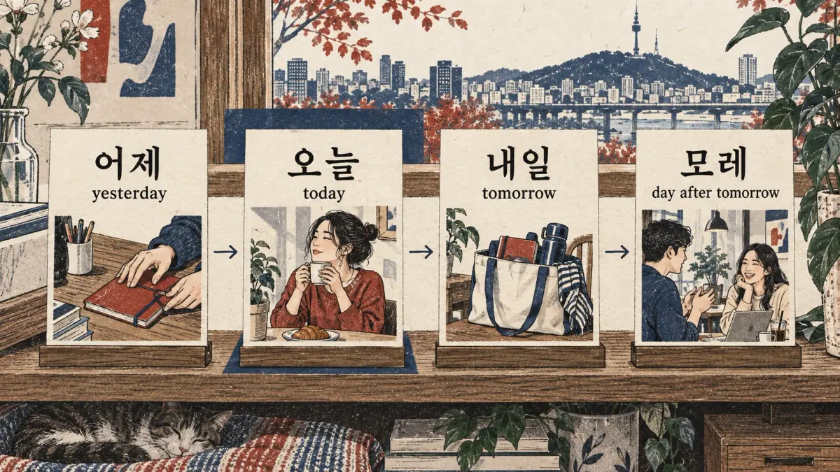 Calendar cards show 어제 yesterday, 오늘 today, 내일 tomorrow and 모레 day after tomorrow.