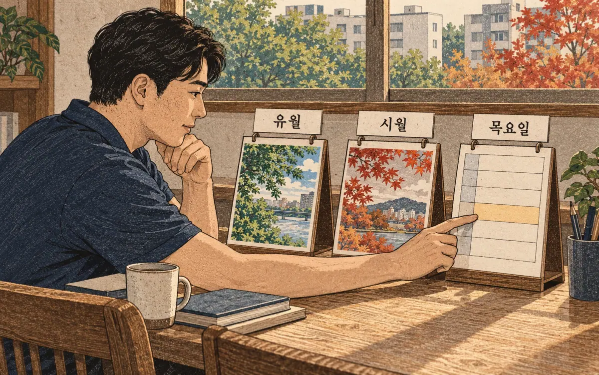 Teaching print showing 유월, 시월, 목요일.