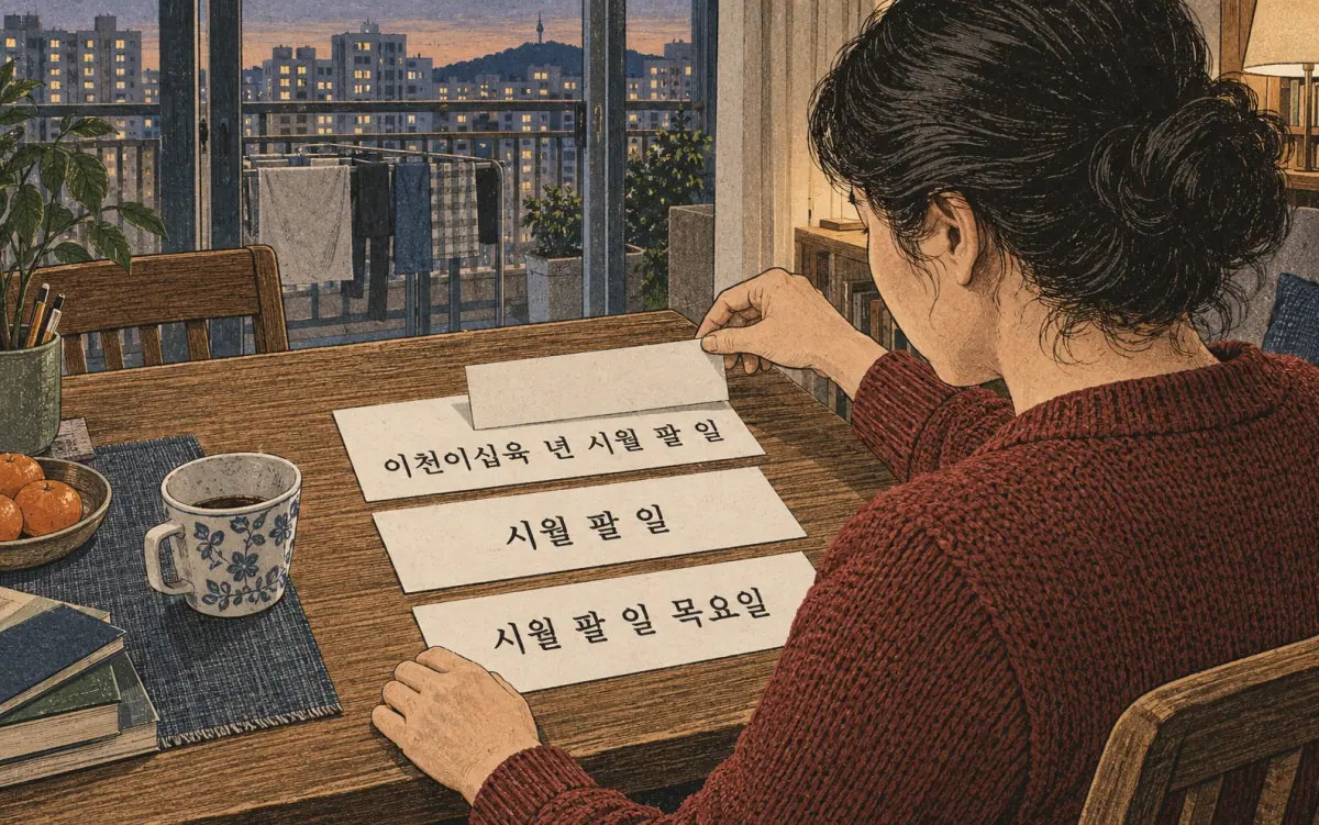 Teaching print showing 이천이십육 년 시월 팔 일, 시월 팔 일, 시월 팔 일 목요일.