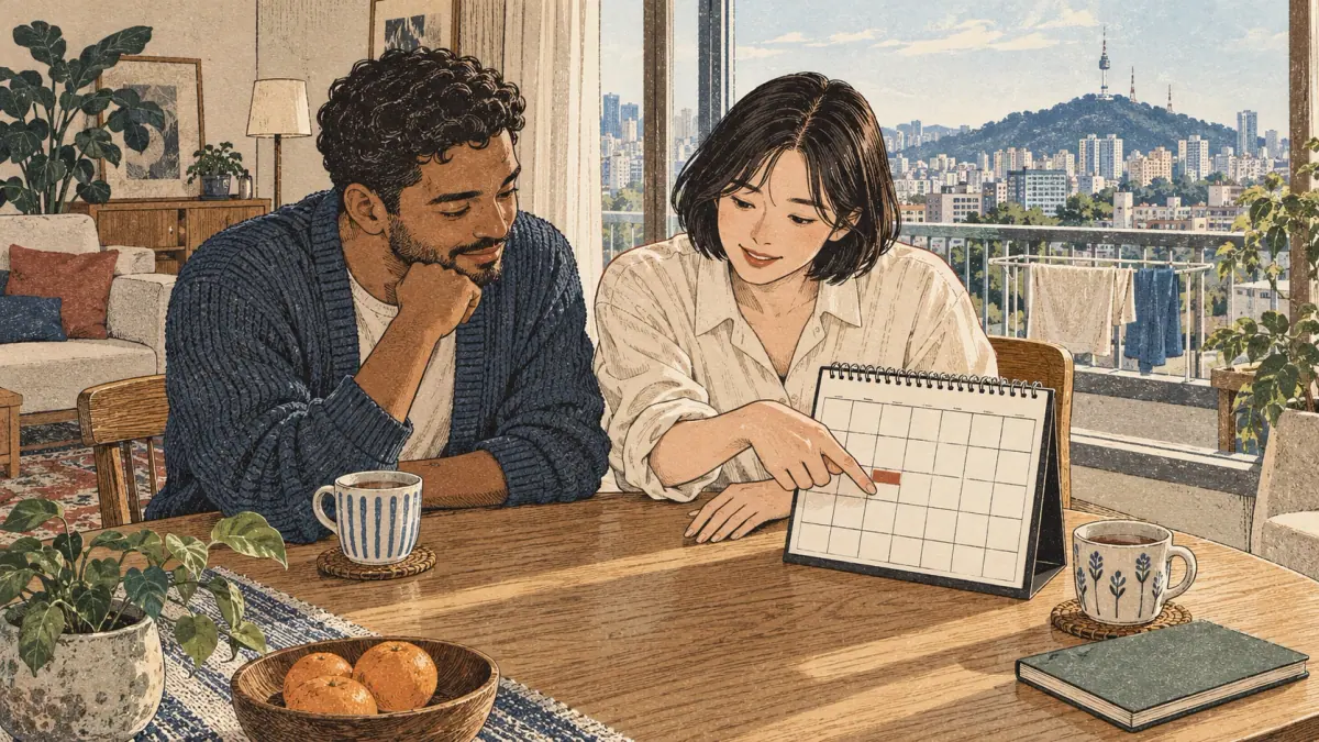 Two adults choose a day on a blank monthly calendar in a Seoul apartment.