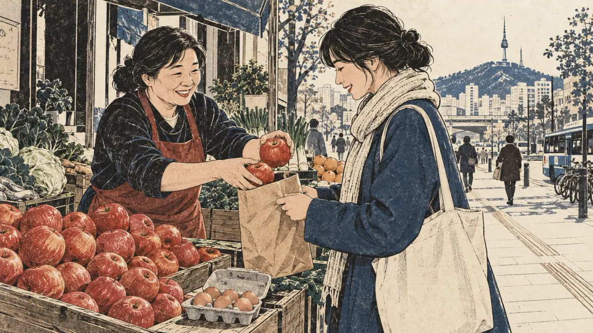 A learner buys three apples at a Seoul produce stall.