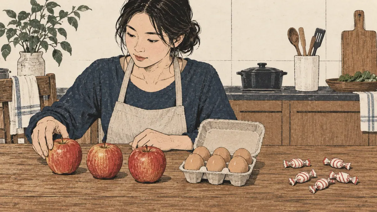 Three apples, six eggs and five candies are sorted into separate groups.