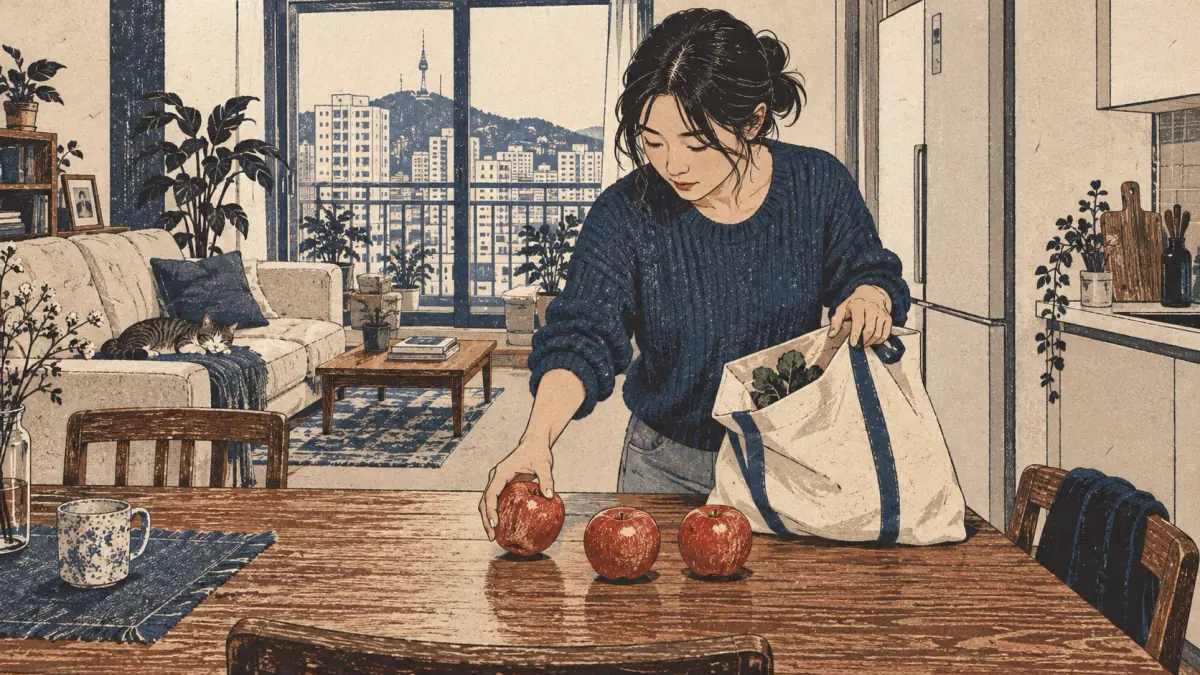 A learner unpacks three newly bought apples in a Seoul apartment.