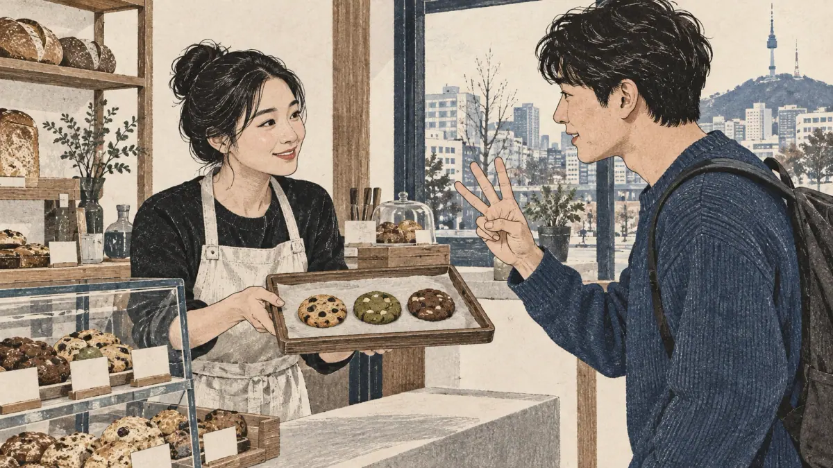 A shopkeeper and learner count three cookies at a bakery.