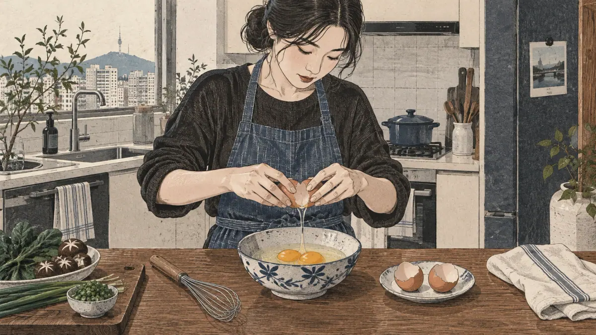 A cook adds exactly two eggs to a bowl in an apartment kitchen.