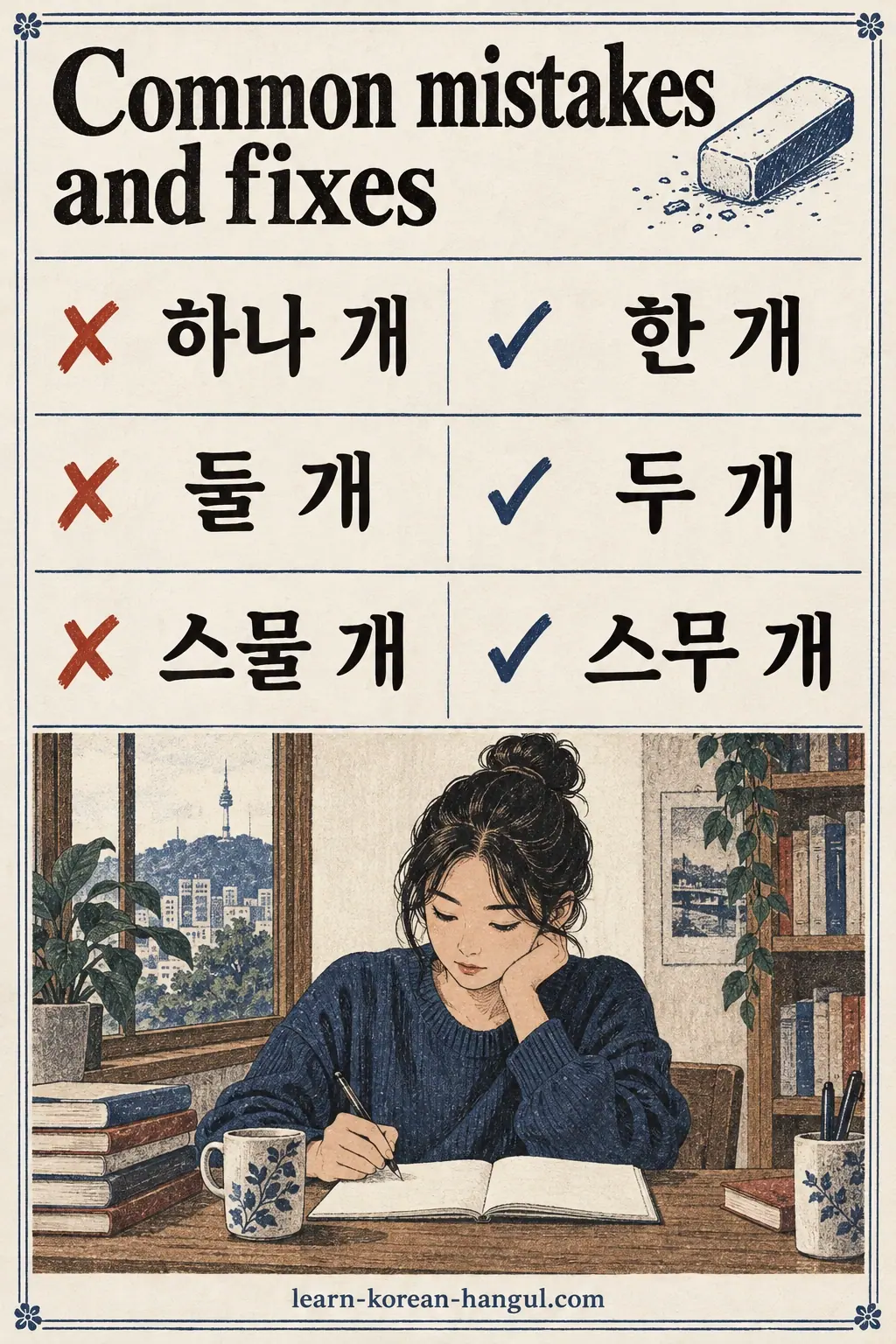 Corrections: 하나 개 → 한 개, 둘 개 → 두 개, 스물 개 → 스무 개; learner reviews a notebook.