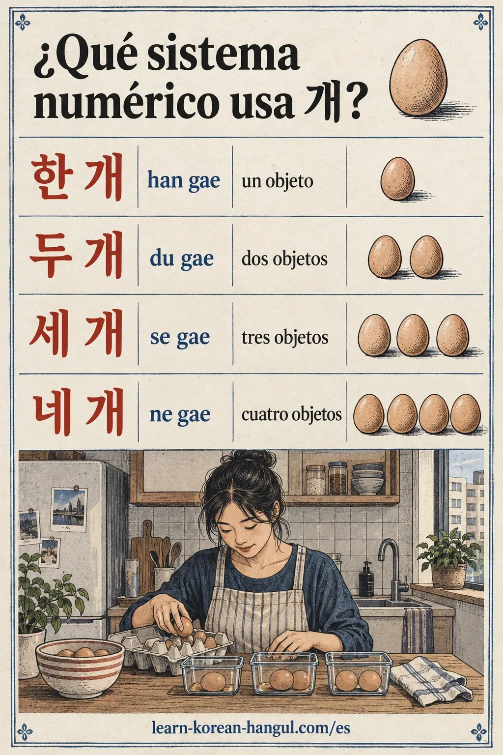 Filas 한 개 han gae, 두 개 du gae, 세 개 se gae, 네 개 ne gae con uno a cuatro huevos.