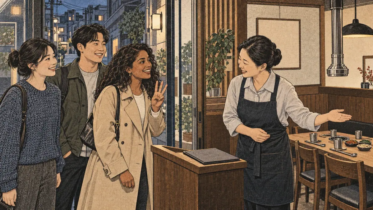 Three guests tell a restaurant host their group size at a Seoul restaurant.