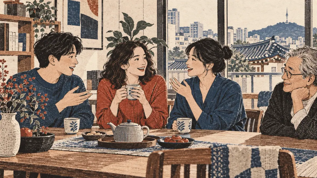 Adult learners and Korean friends discuss their ages over tea in a Seoul apartment.