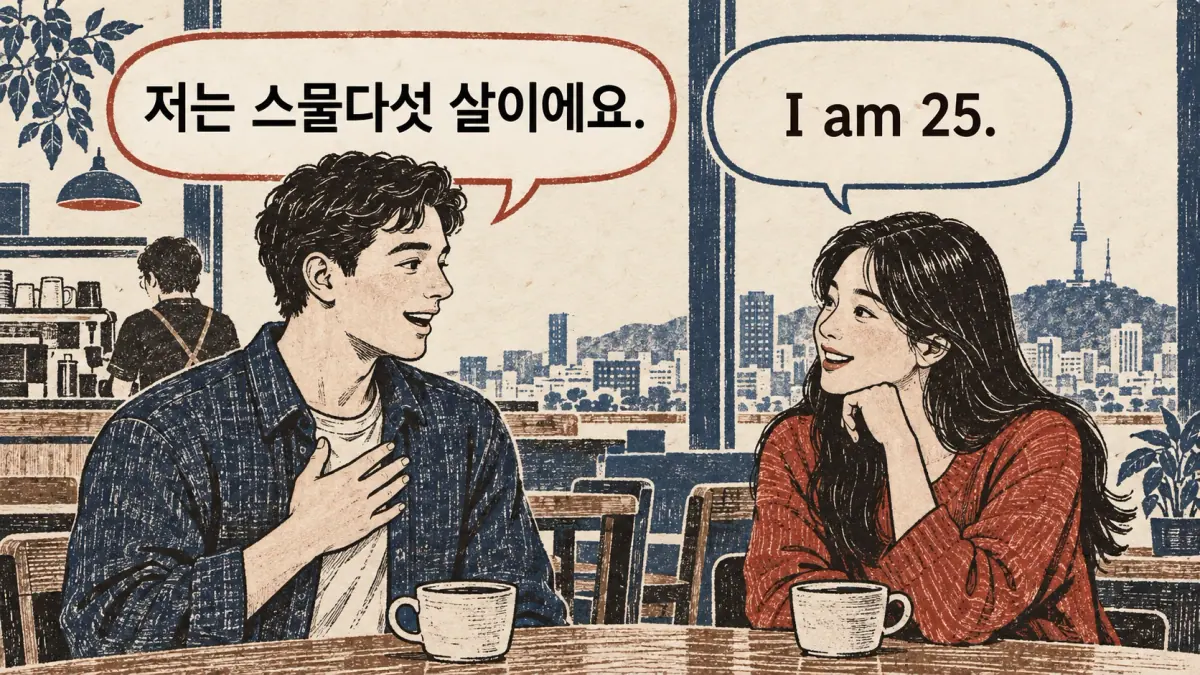 Hanji illustration of age expressions: 저는 스물다섯 살이에요.
