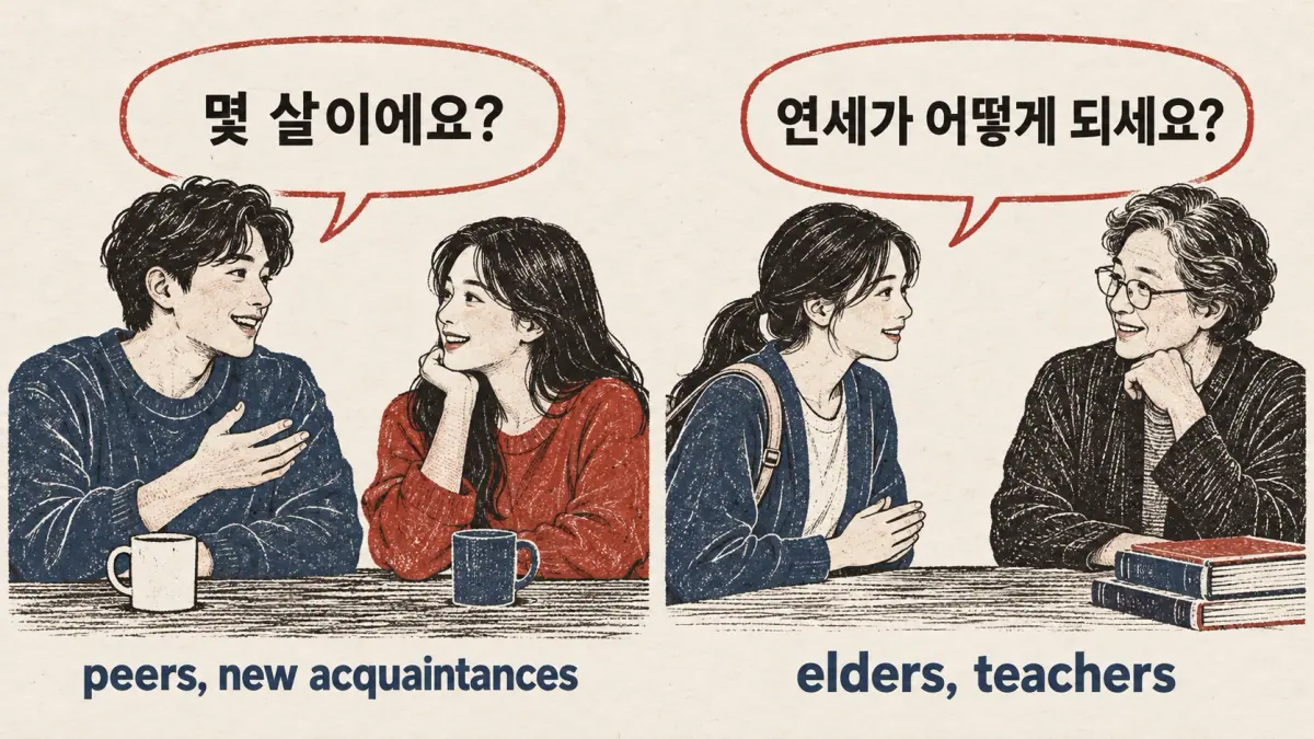 Hanji illustration of age expressions: 몇 살이에요?; 연세가 어떻게 되세요?