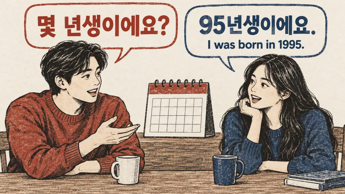 Hanji illustration of age expressions: 몇 년생이에요?; 95년생이에요.