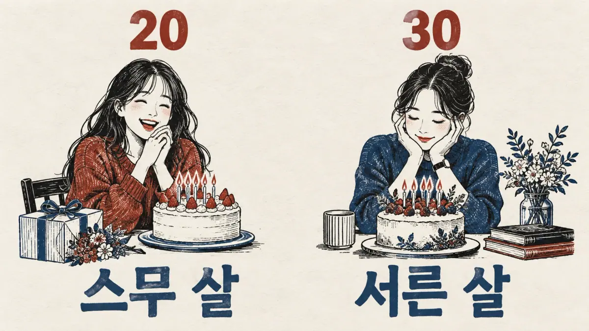 Hanji illustration of age expressions: 스무 살; 서른 살