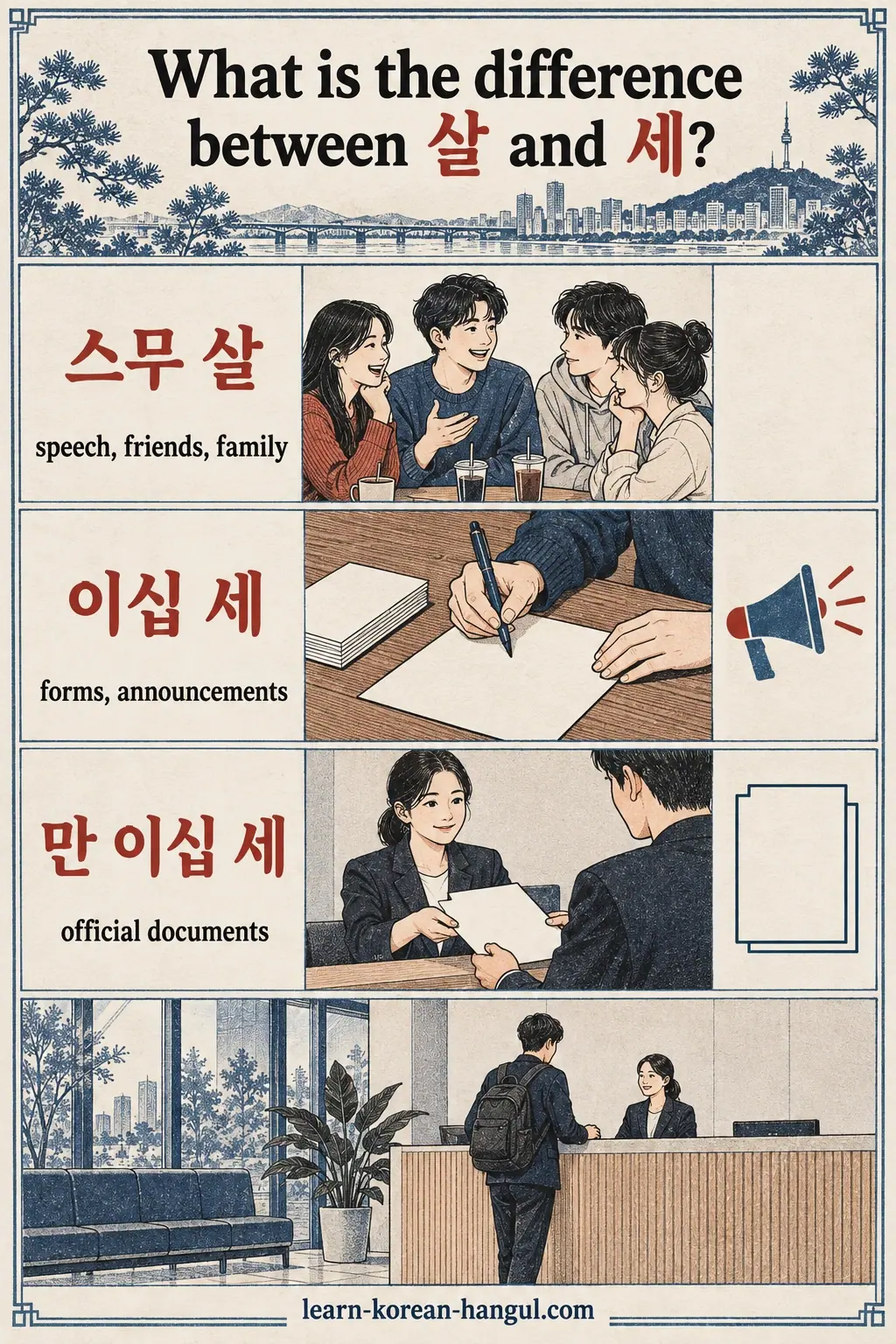 Hanji illustration of age expressions: 스무 살; 이십 세; 만 이십 세