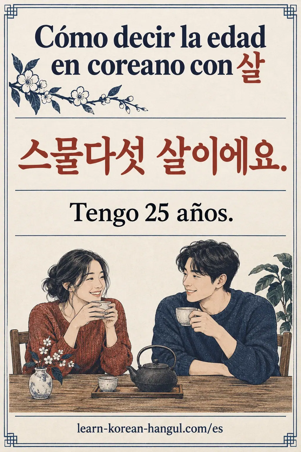 Ilustración en hanji de expresiones de edad: 스물다섯 살이에요.