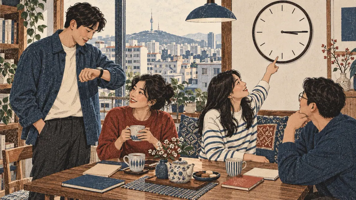Adult learners meet over tea in a Seoul café while checking a watch and an analog clock.
