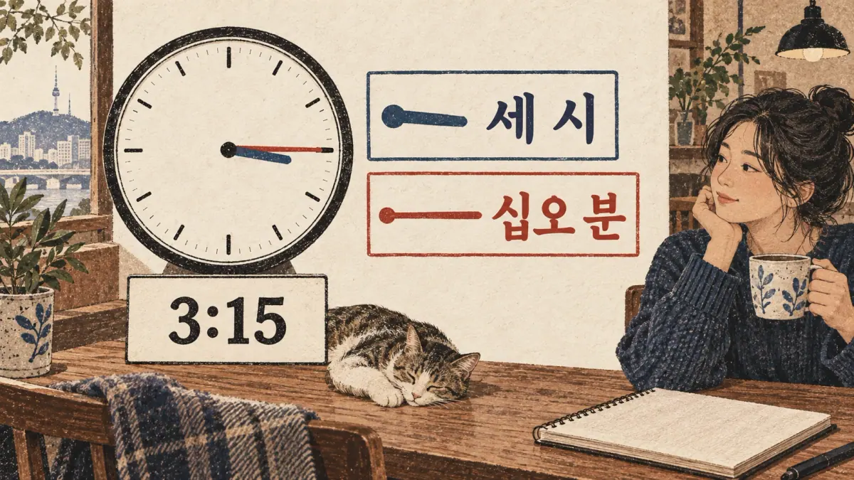 Clock shows 3:15 with 세 시 for the hour and 십오 분 for the minutes.