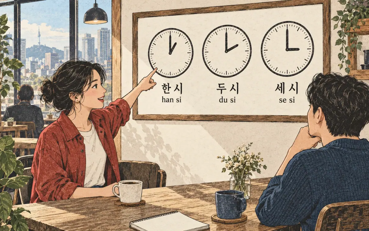 Teaching print showing 한 시, 두 시, 세 시, se si.