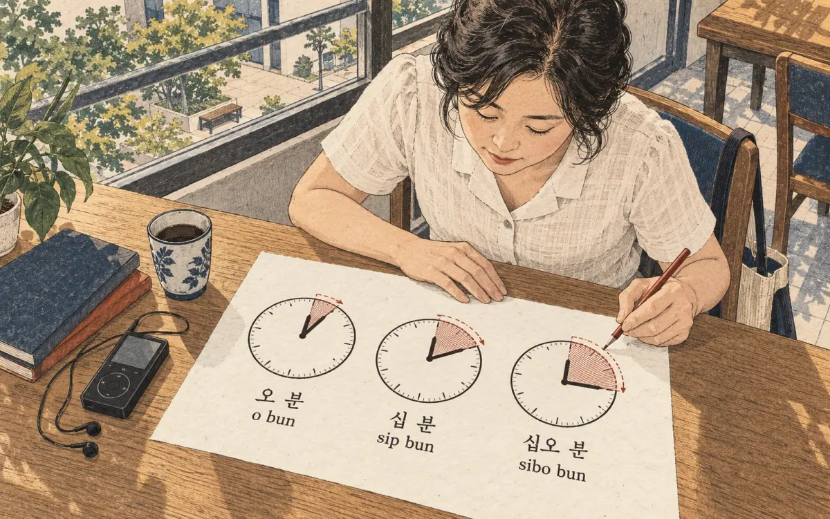 Teaching print showing 오 분, 십 분, 십오 분, o bun, sip bun, sibo bun.