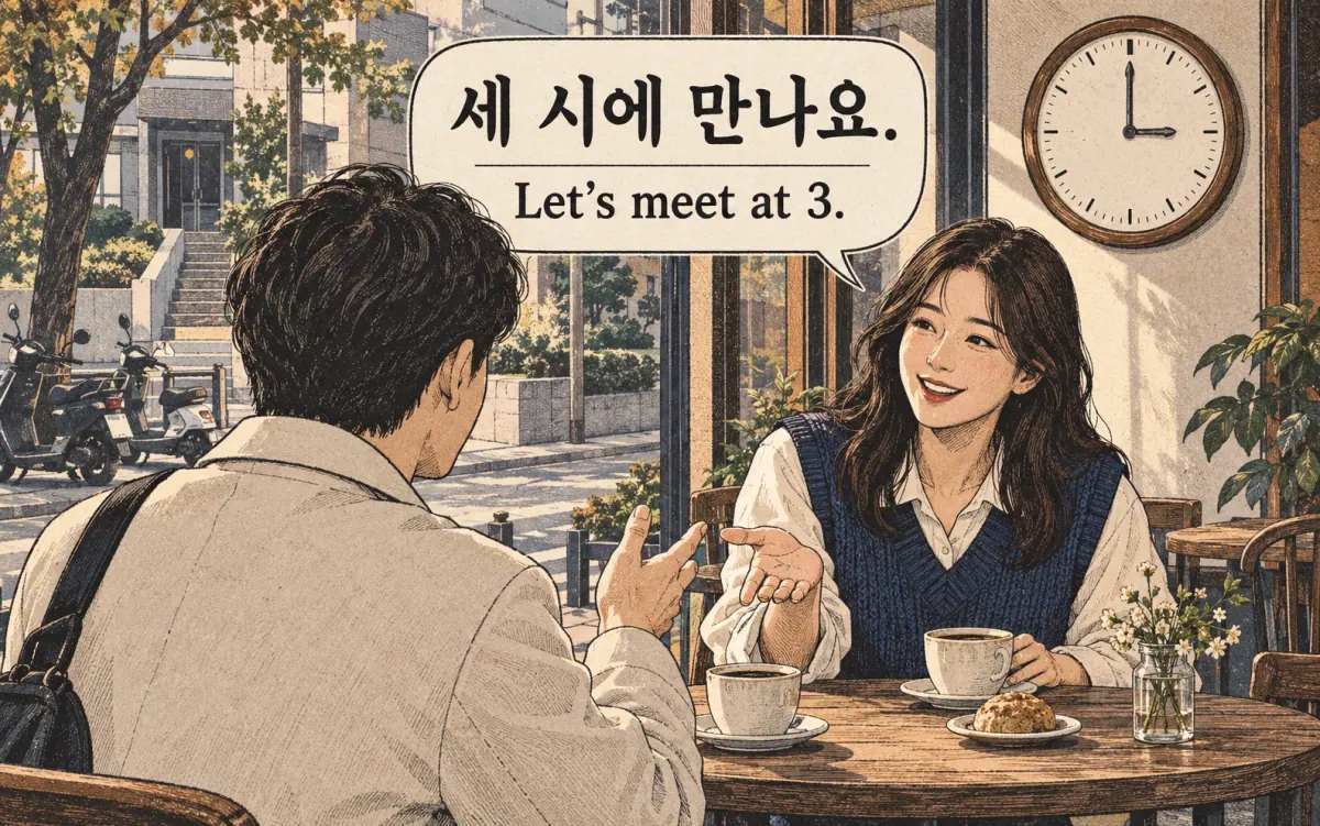 Teaching print showing 세 시에 만나요..
