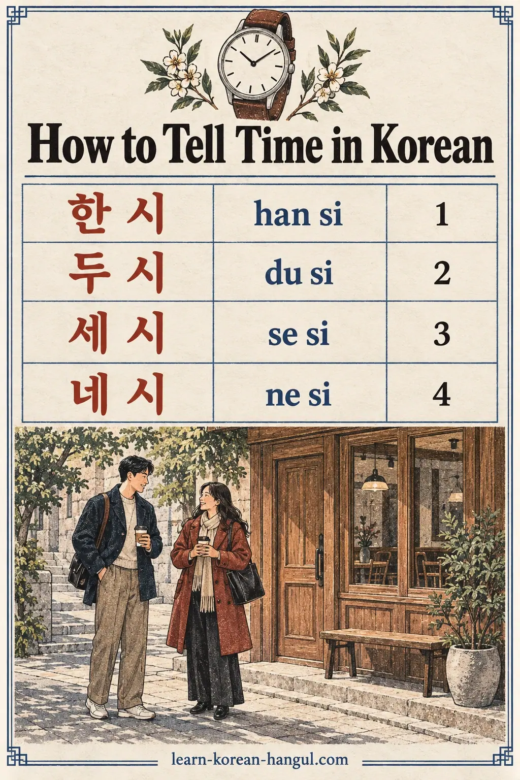 Hour rows: 한 시 (han si), 두 시 (du si), 세 시 (se si), 네 시 (ne si), above friends outside a café.