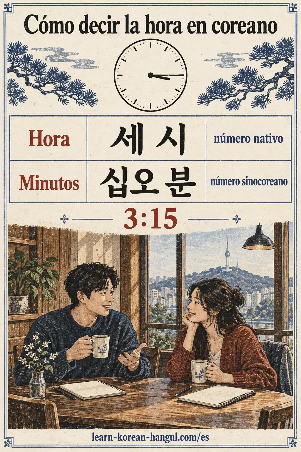 Reloj a las 3:15 con filas que comparan 세 시, hora nativa, y 십오 분, minutos sinocoreanos.